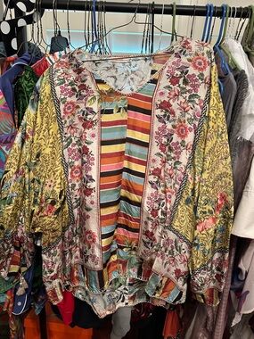 Johnny Was Multicolor Floral & Stripe Mixed-Print Blouse